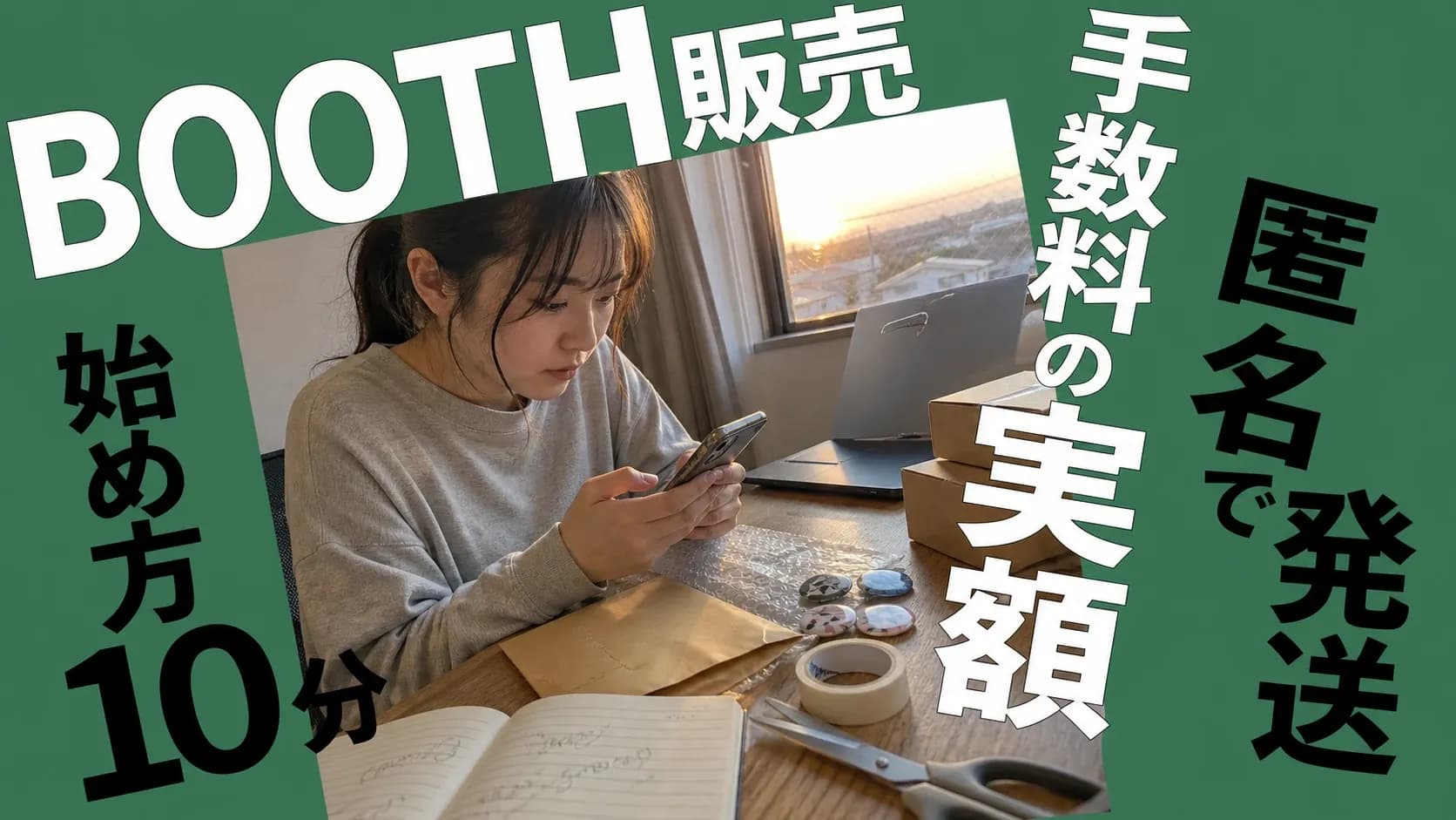BOOTHでの販売方法を売る側の視点でまとめた記事のアイキャッチ画像。始め方・手数料・匿名配送の3本柱を象徴する作業机の写真