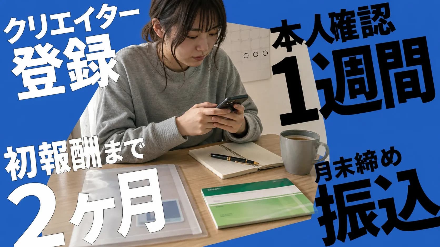 キャンドファンズをクリエイターとして始める準備を朝の作業机で整えている様子。免許証・通帳・ノート・スマートフォンが並ぶ