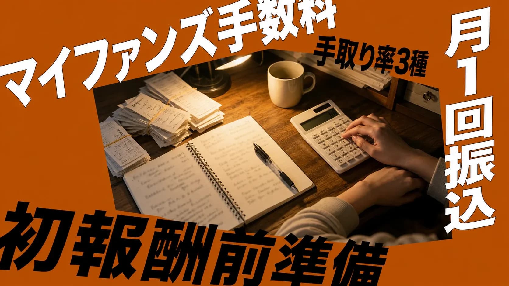 マイファンズの手数料と振込を初報酬前に整理するガイドのアイキャッチ。手取り率3種と月1回振込の要点を提示
