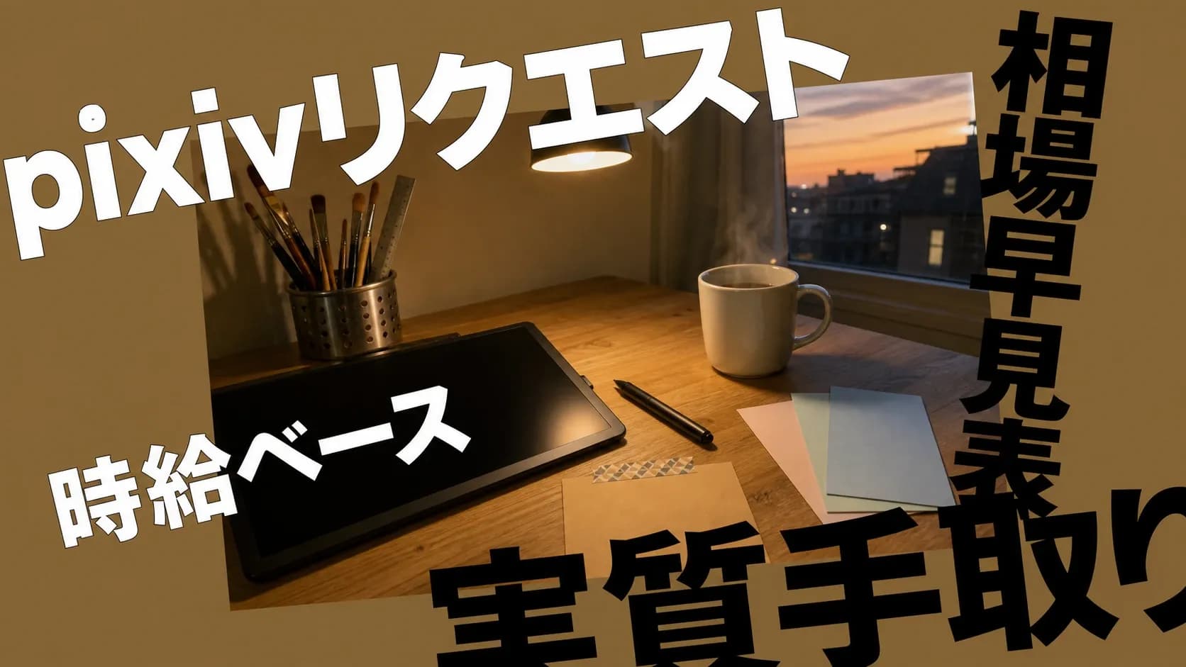 pixivリクエスト相場の記事アイキャッチ。値付けで届く依頼の質と実質手取りが変わることを示すエディトリアル写真