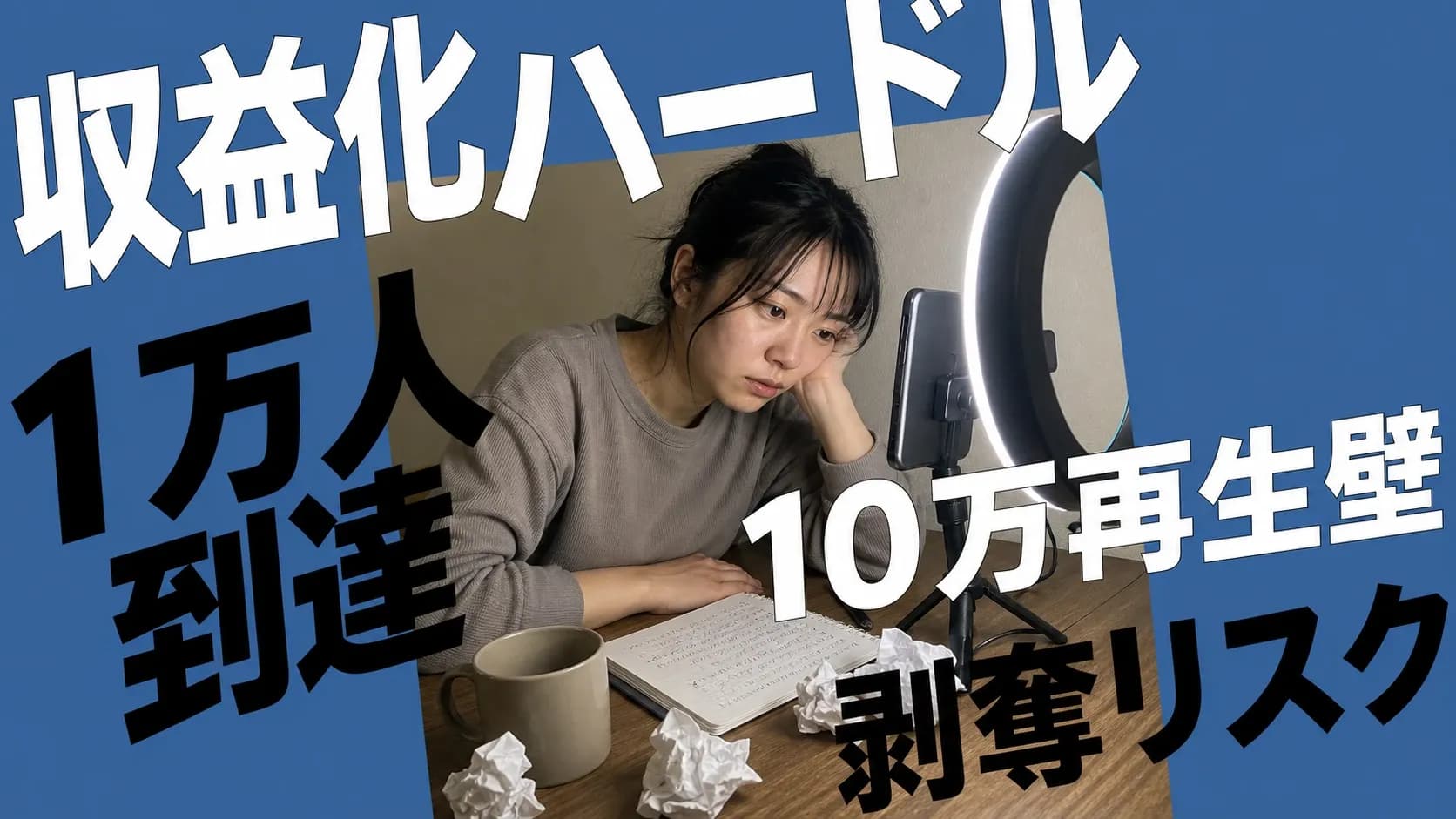 TikTok収益化が難しい理由を5つの構造で解説する記事のアイキャッチ。1万人・10万再生・剥奪リスクを整理