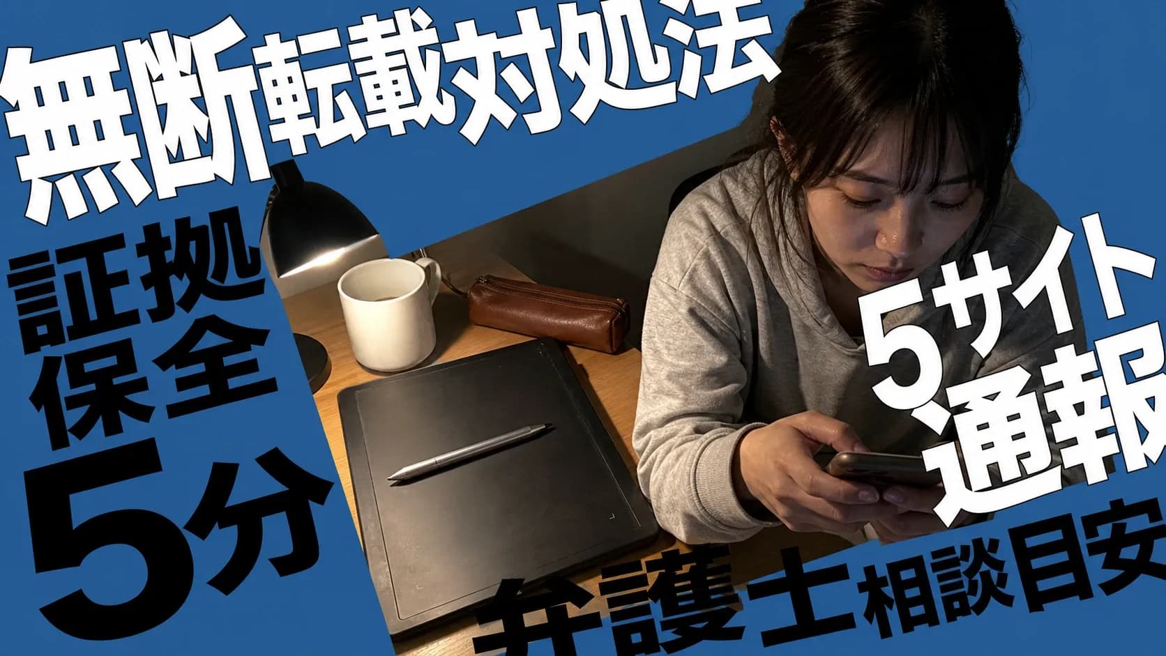 作品の無断転載への対処法を、証拠保全から5サイト通報、弁護士相談の目安までまとめた記事のアイキャッチ画像